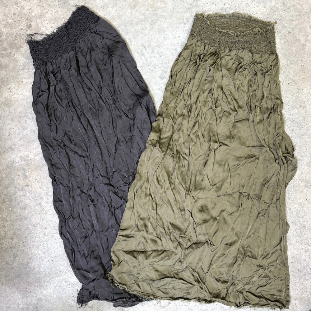 Lot Of 2 Aerie Maxi Skirts Women XS/XXS Olive Black Smocked Crinkle Side Slit